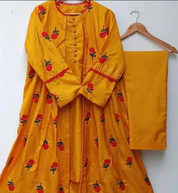 3pc Embroidered Gown Kataan Silk For Girls